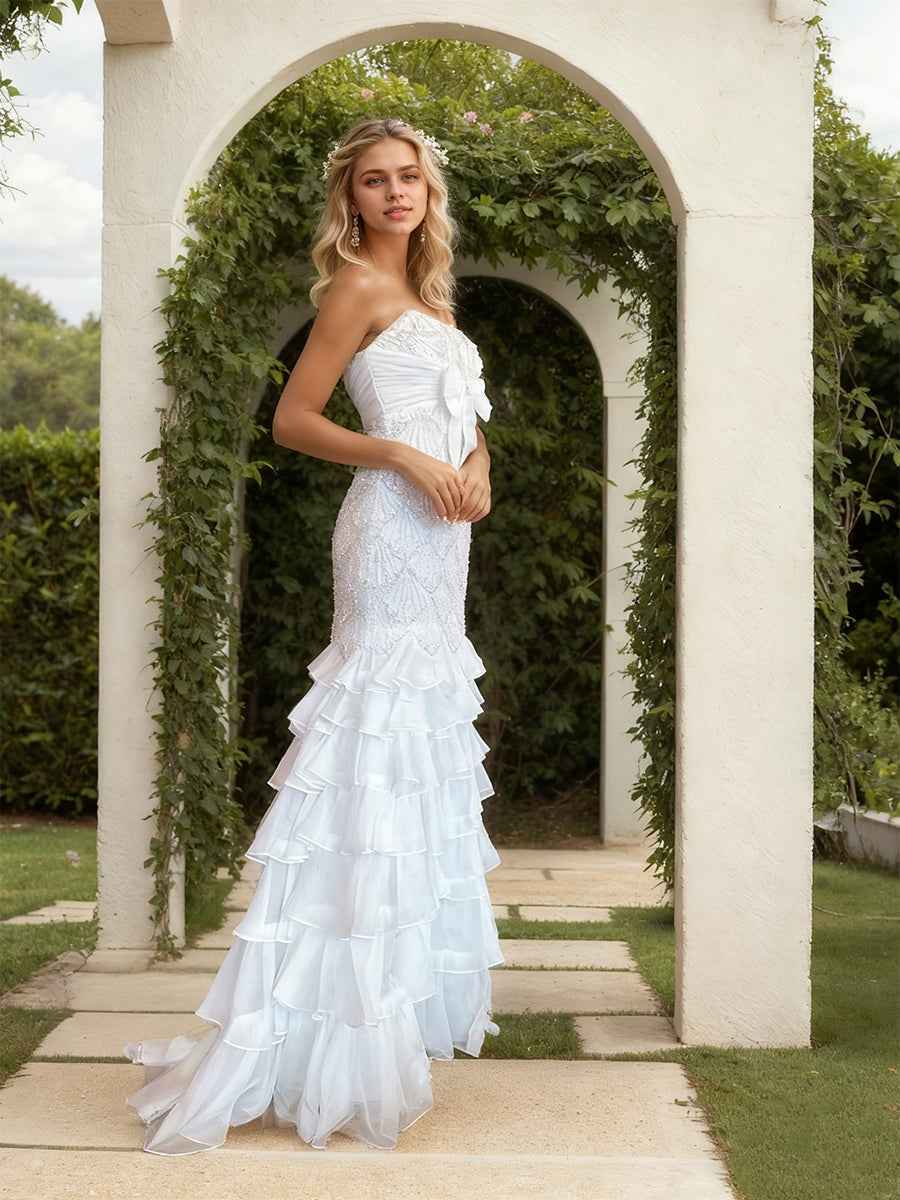 Strapless Scalloped Beaded Bodice Tiered Ruffle Prom Dress