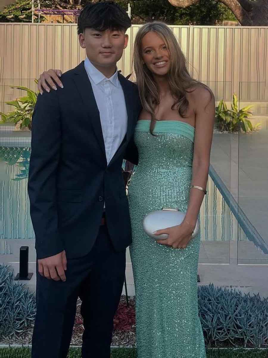 Strapless Scoop Neck Sequined Sheath Long Prom Dress