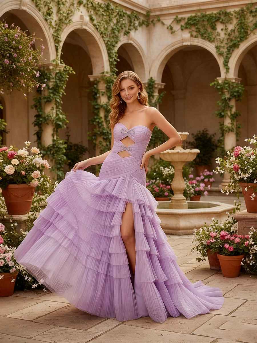 Strapless Sweetheart Cascading Ruffles Tulle Prom Dress with Slit