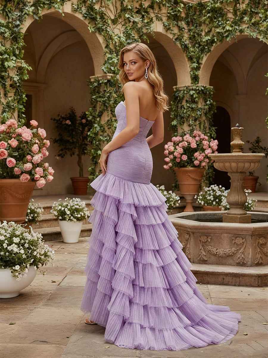 Strapless Sweetheart Cascading Ruffles Tulle Prom Dress with Slit