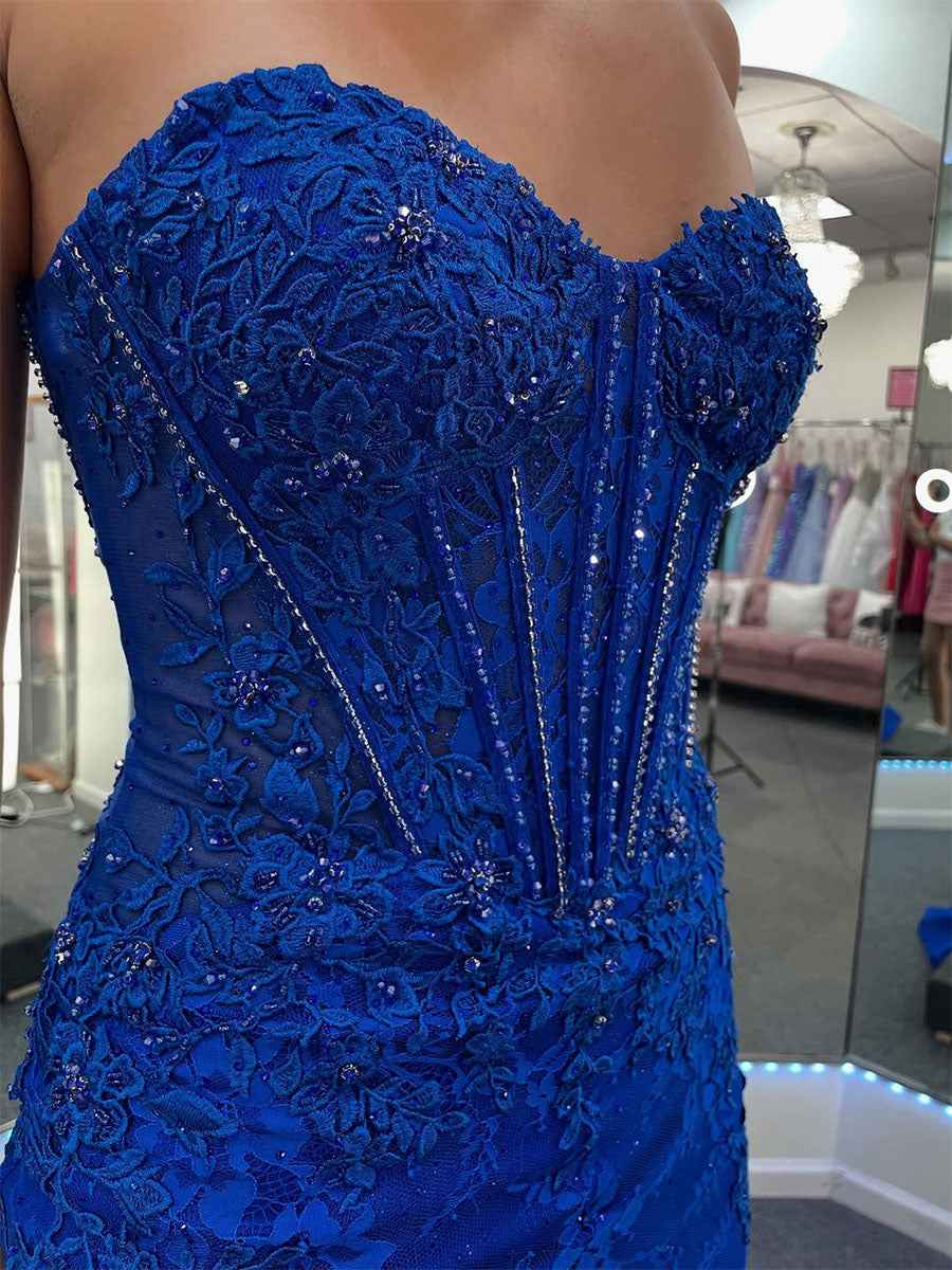 Strapless Sweetheart Corset Bodice Prom Dress with All-over Lace