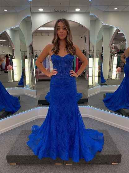 Strapless Sweetheart Corset Bodice Prom Dress with All-over Lace