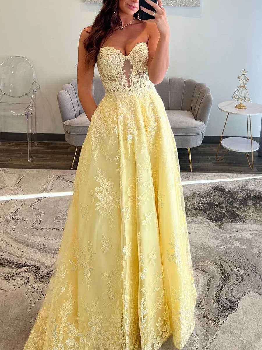 Strapless Sweetheart Lace Corset Prom Dress with Pockets