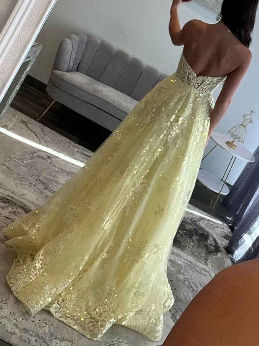 Strapless Sweetheart Lace Corset Prom Dress with Pockets