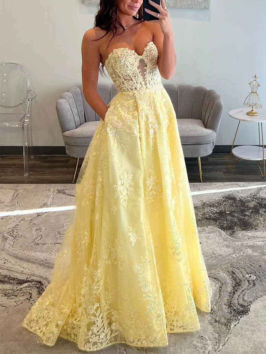 Strapless Sweetheart Lace Corset Prom Dress with Pockets