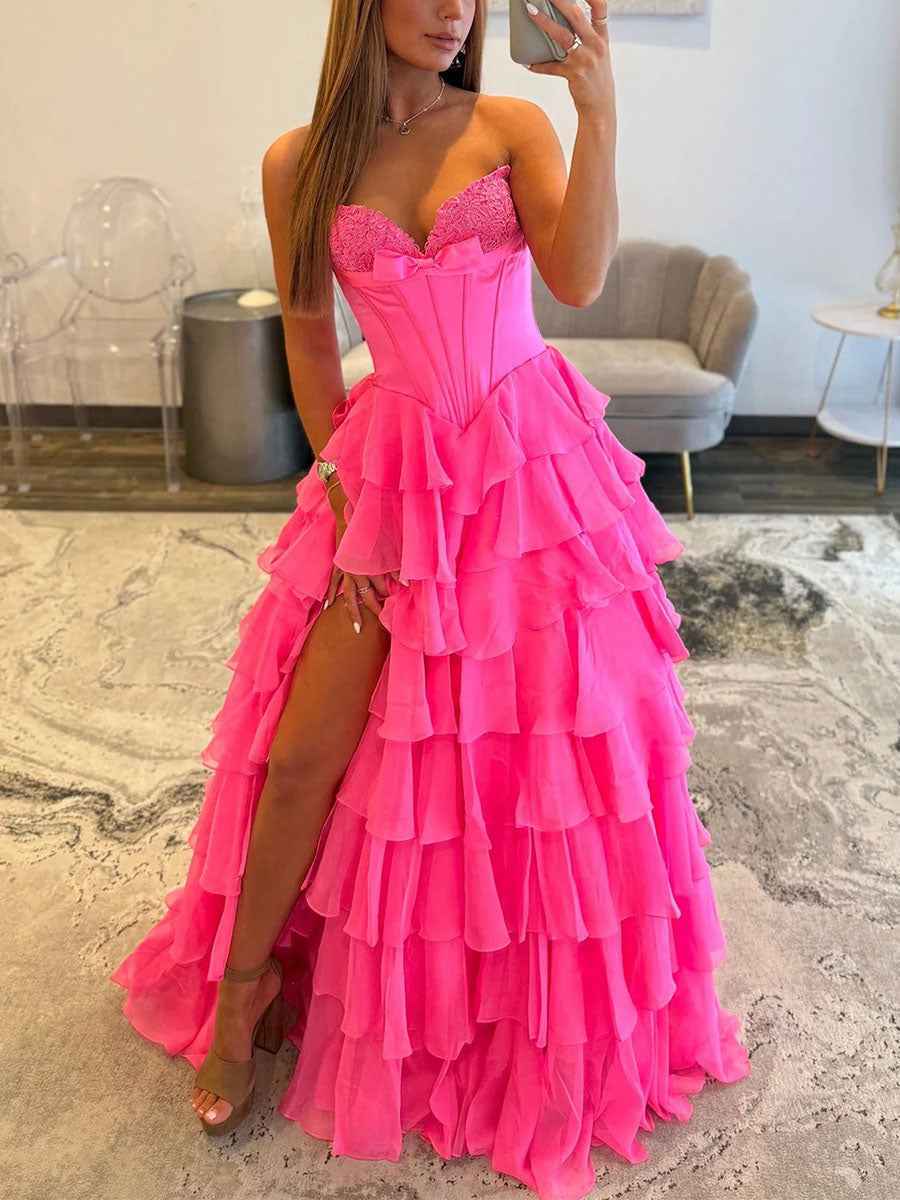 Strapless Sweetheart Lace Embroidery Boned Tiered Long Prom Dress