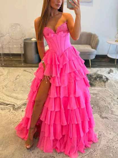 Strapless Sweetheart Lace Embroidery Boned Tiered Long Prom Dress
