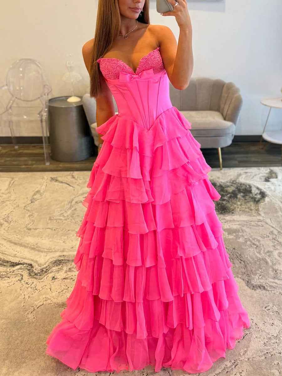 Strapless Sweetheart Lace Embroidery Boned Tiered Long Prom Dress