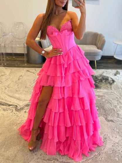 Strapless Sweetheart Lace Embroidery Boned Tiered Long Prom Dress