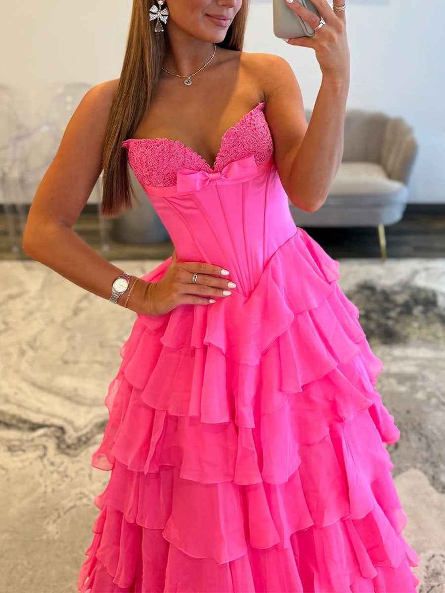 Strapless Sweetheart Lace Embroidery Boned Tiered Long Prom Dress