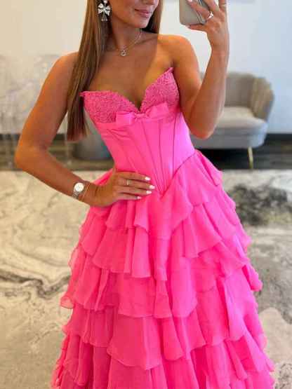 Strapless Sweetheart Lace Embroidery Boned Tiered Long Prom Dress