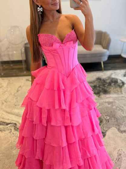 Strapless Sweetheart Lace Embroidery Boned Tiered Long Prom Dress