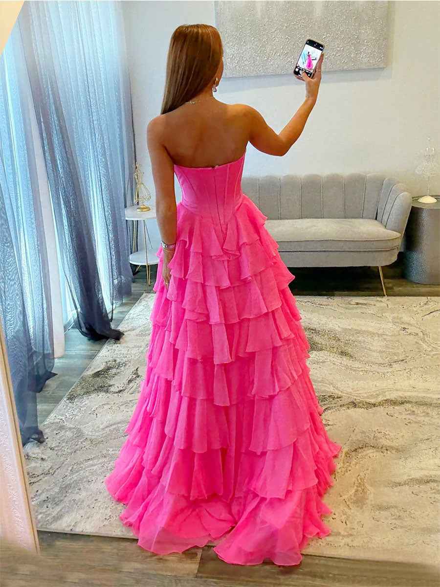 Strapless Sweetheart Lace Embroidery Boned Tiered Long Prom Dress
