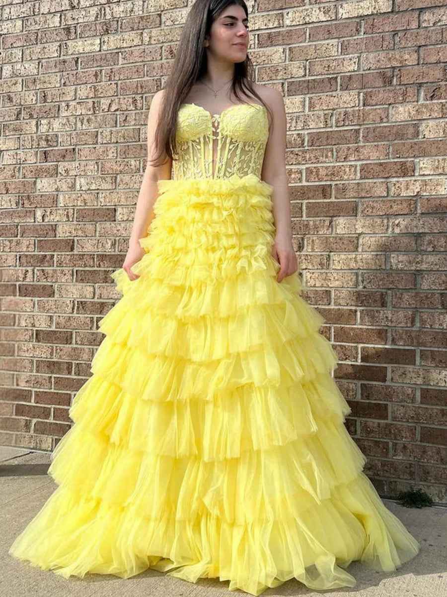 Strapless Sweetheart Tiered Tulle Long Prom Dress with Appliques