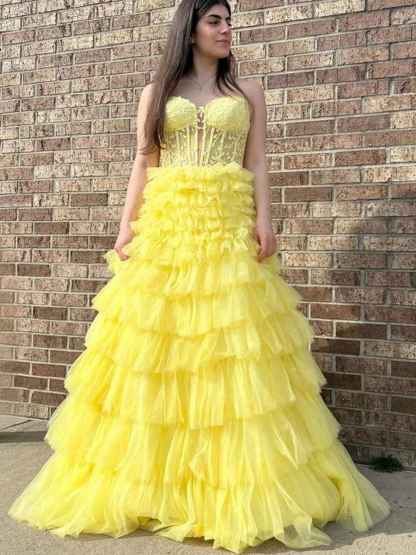 Strapless Sweetheart Tiered Tulle Long Prom Dress with Appliques