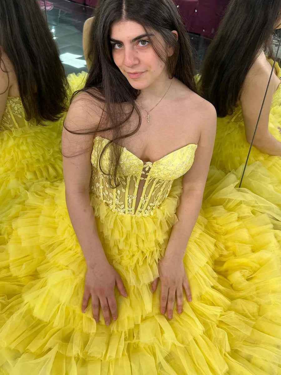 Strapless Sweetheart Tiered Tulle Long Prom Dress with Appliques