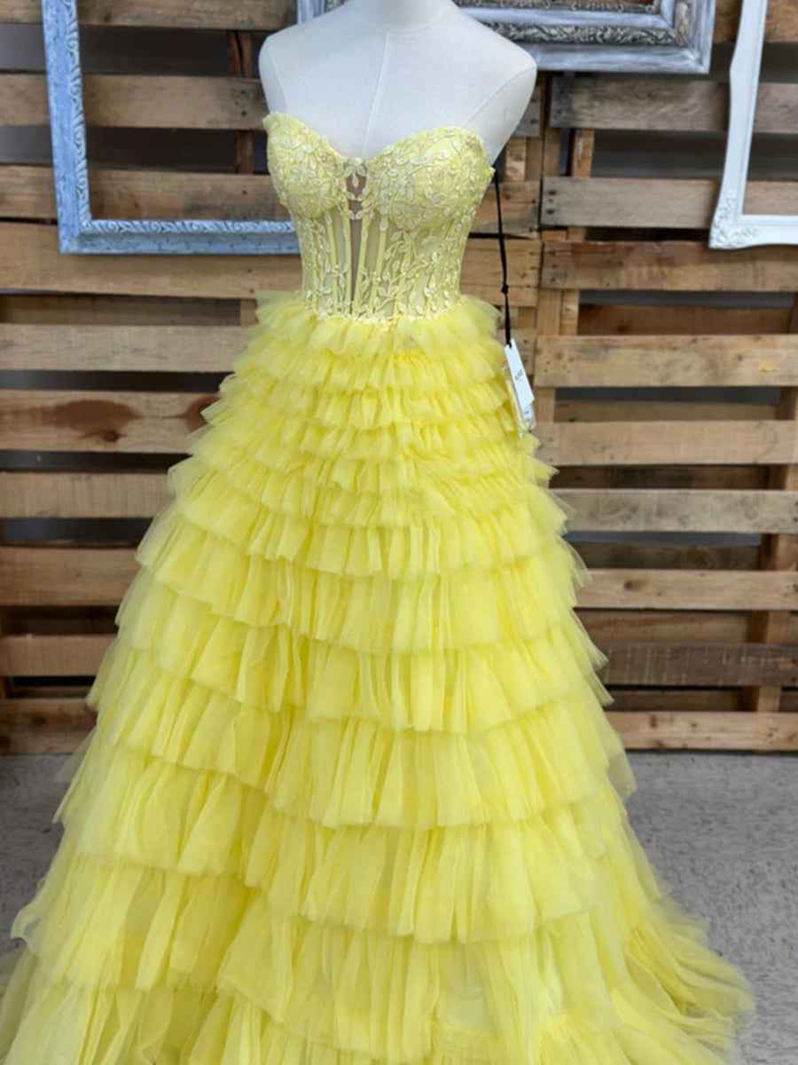 Strapless Sweetheart Tiered Tulle Long Prom Dress with Appliques