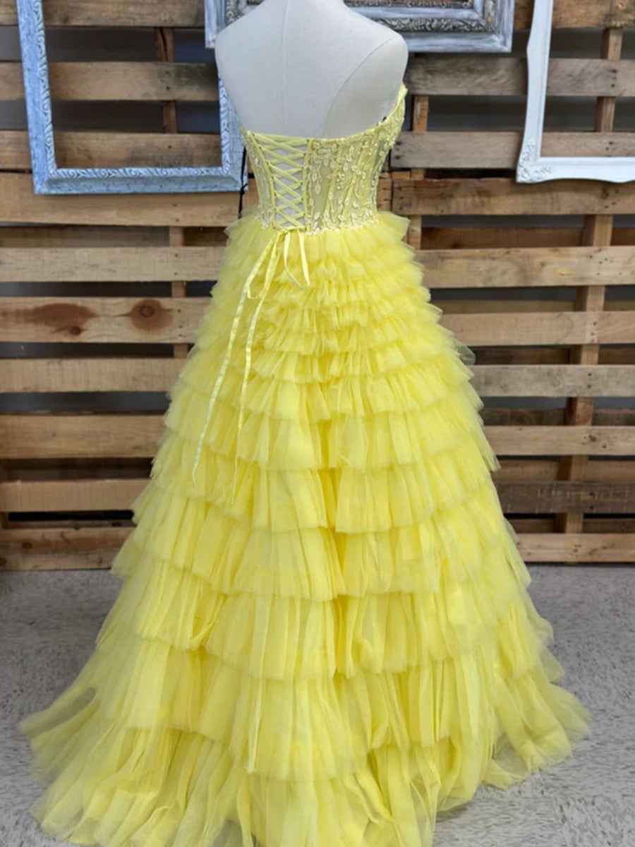 Strapless Sweetheart Tiered Tulle Long Prom Dress with Appliques