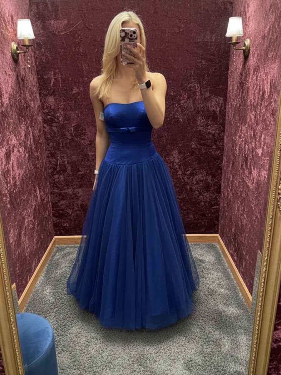 Strapless Tulle A-Line Prom Dress with Bow-Waist Detail