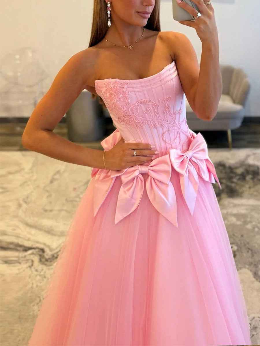 Strapless Tulle Long Prom Dress with Statement Bow-Waist