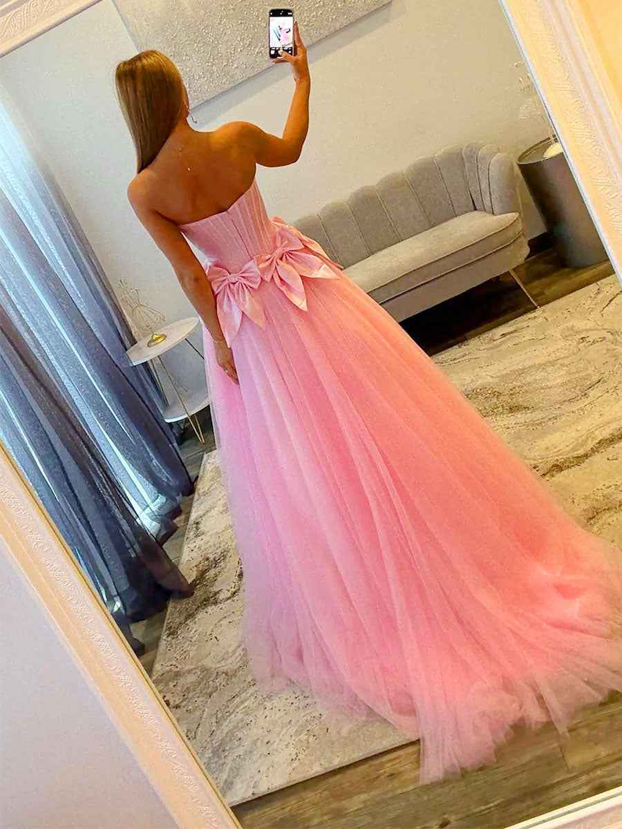 Strapless Tulle Long Prom Dress with Statement Bow-Waist