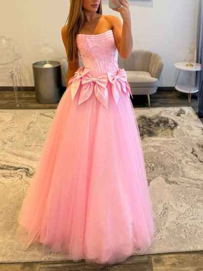 Strapless Tulle Long Prom Dress with Statement Bow-Waist