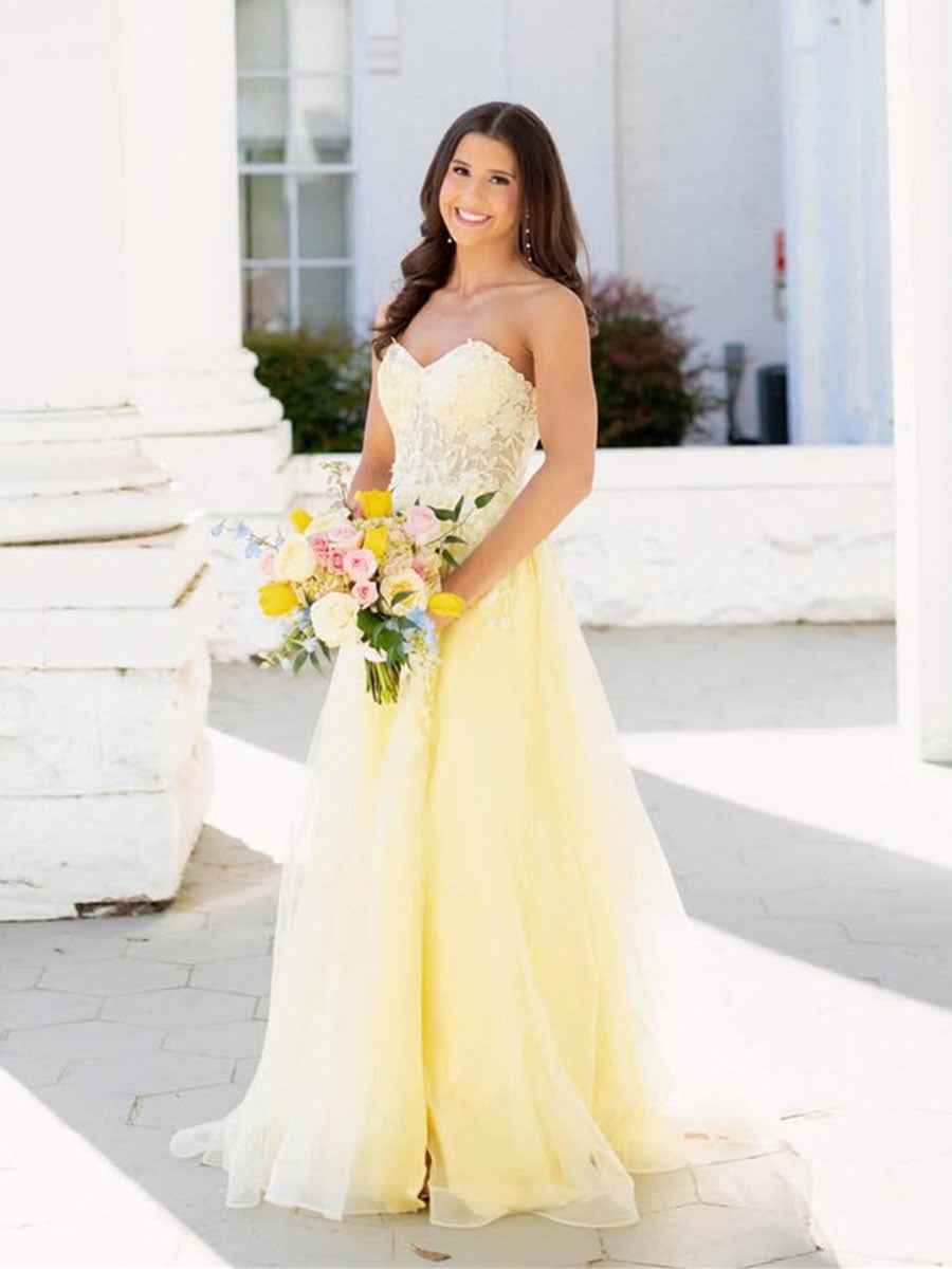 Strapless Lace Appliques Long Prom Dress with Slit