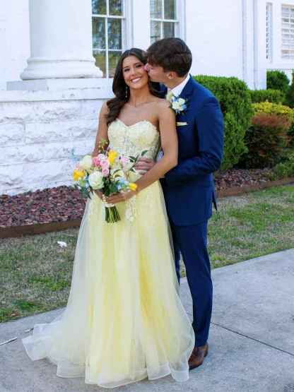 Strapless Lace Appliques Long Prom Dress with Slit