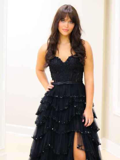 Straps Floral Sequined Multi-Tiered Long Prom Dress with Slit