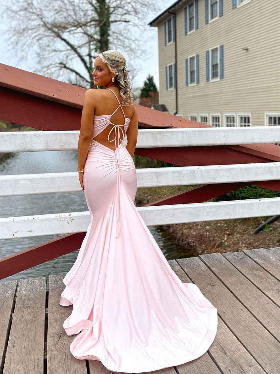 Straps Pink Back Tie Mermaid Long Prom Dress