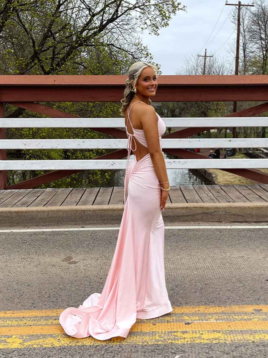 Straps Pink Back Tie Mermaid Long Prom Dress
