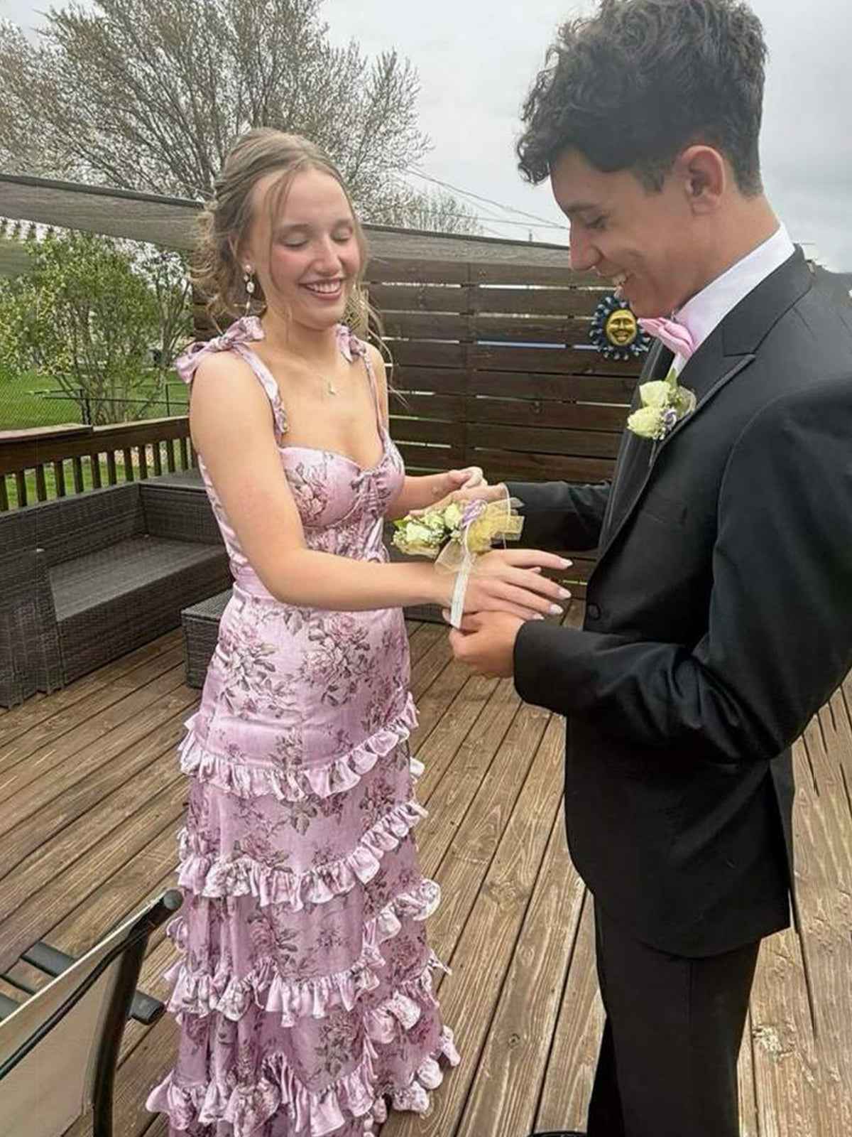 Straps Print Sleeveless Ruffles Prom Dress with Slit