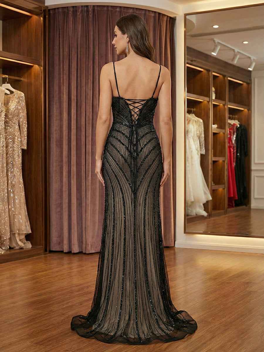 Stunning Black Geometric Beaded Mermaid Prom Dress with Nude Lining