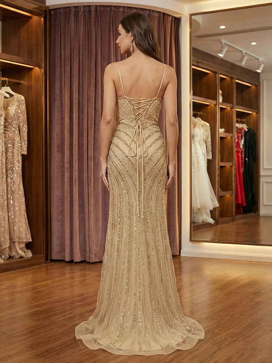 Stunning Black Geometric Beaded Mermaid Prom Dress with Nude Lining