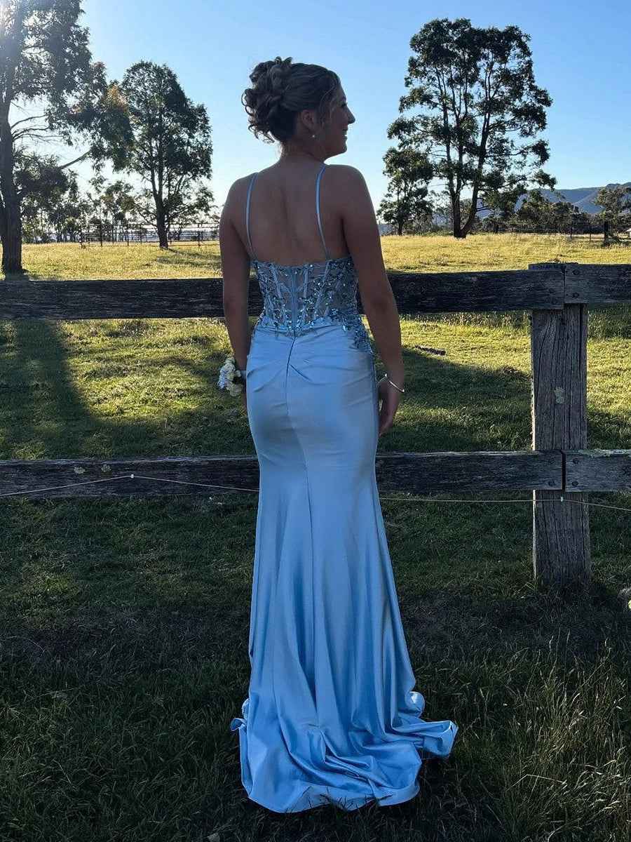 Stunning Light Blue Beaded Corset Prom Dress with Thigh-High Slit