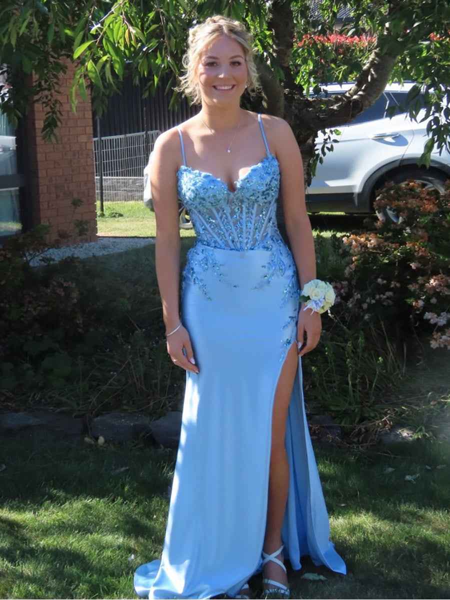 Stunning Light Blue Beaded Corset Prom Dress with Thigh-High Slit