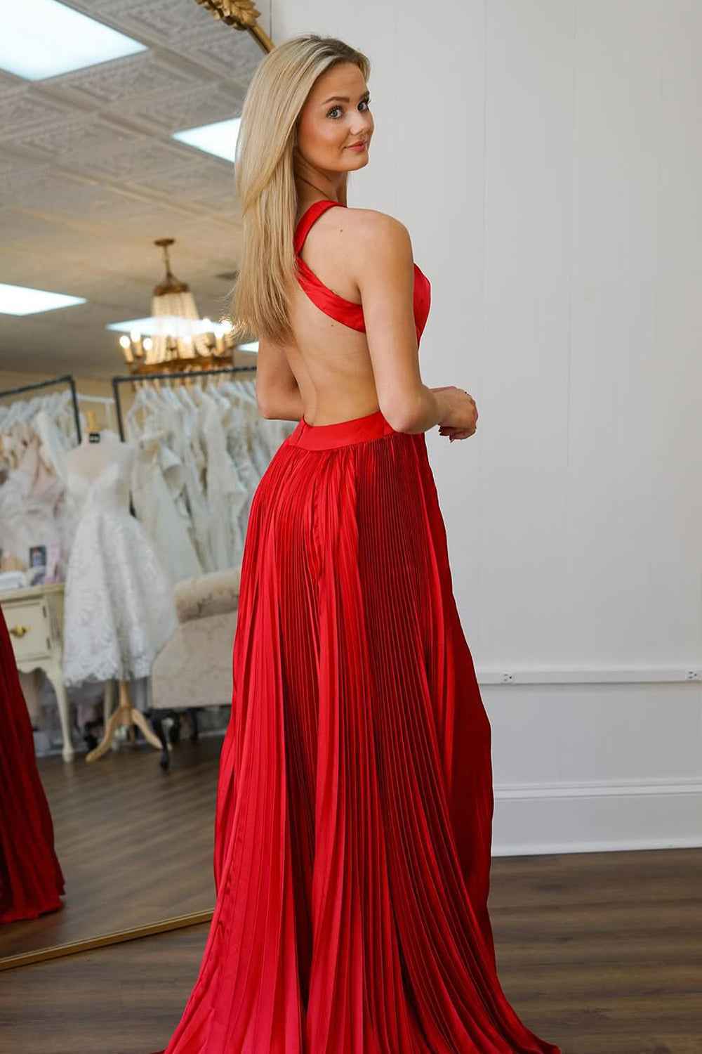 Red A-Line Criss-Cross Back Long Pleated Prom Dress With Slit