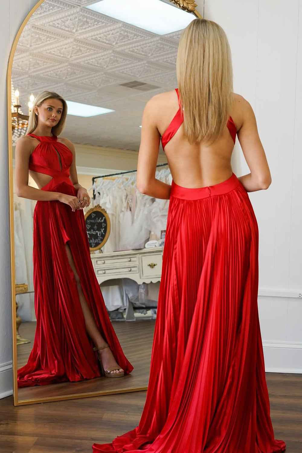 Red A-Line Criss-Cross Back Long Pleated Prom Dress With Slit