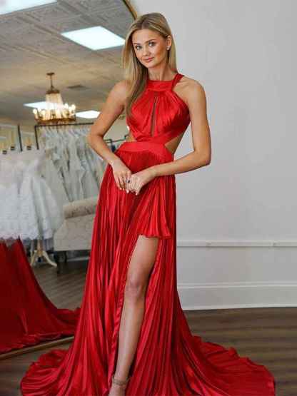 Red A-Line Criss-Cross Back Long Pleated Prom Dress With Slit