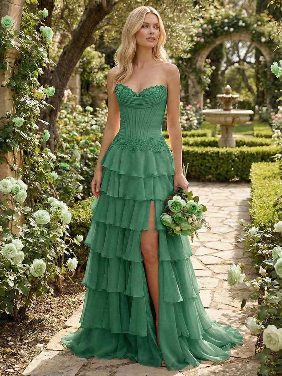 Sunshine Cascade Strapless Tiered Corset Prom Dress with Slit
