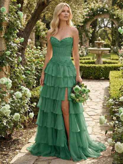 Sunshine Cascade Strapless Tiered Corset Prom Dress with Slit