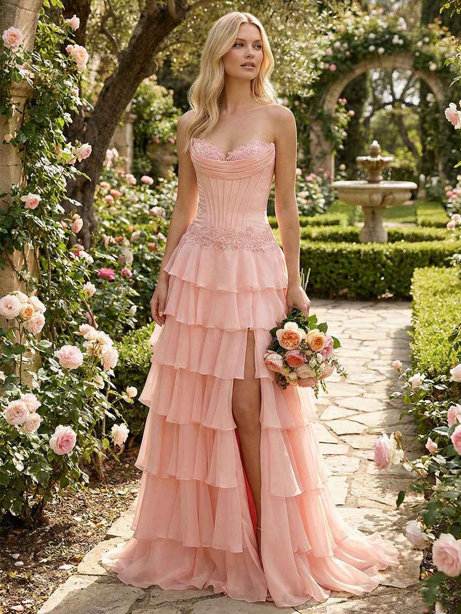 Sunshine Cascade Strapless Tiered Corset Prom Dress with Slit