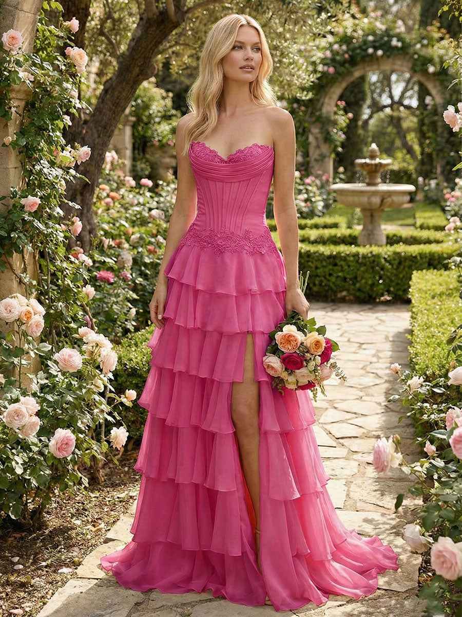 Sunshine Cascade Strapless Tiered Corset Prom Dress with Slit