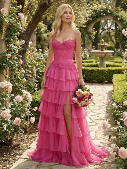 Sunshine Cascade Strapless Tiered Corset Prom Dress with Slit
