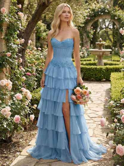 Sunshine Cascade Strapless Tiered Corset Prom Dress with Slit