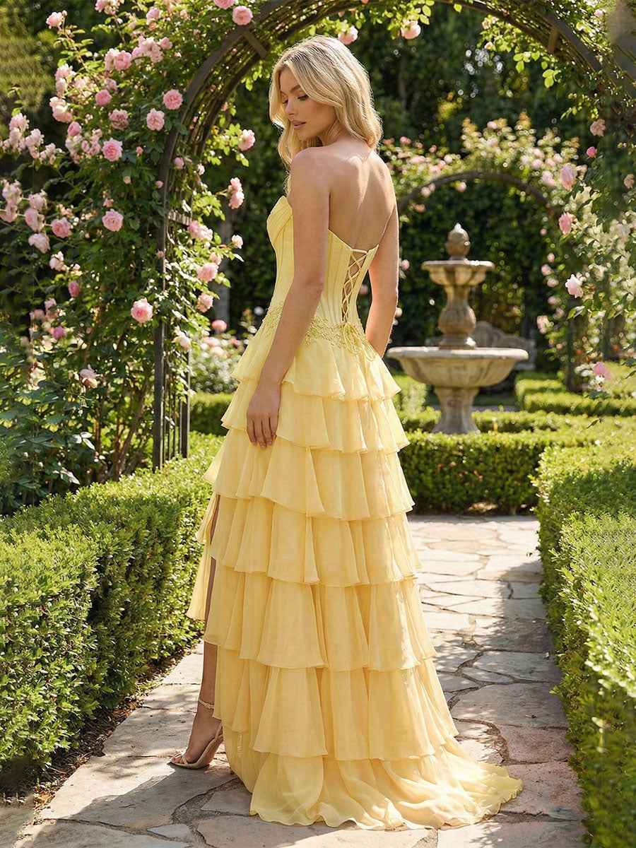 Sunshine Cascade Strapless Tiered Corset Prom Dress with Slit
