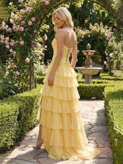 Sunshine Cascade Strapless Tiered Corset Prom Dress with Slit