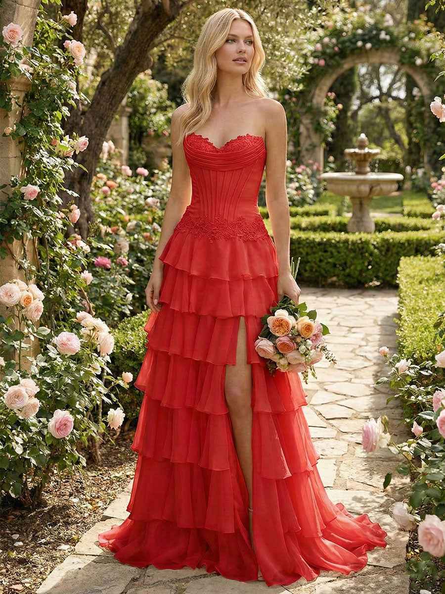 Sunshine Cascade Strapless Tiered Corset Prom Dress with Slit