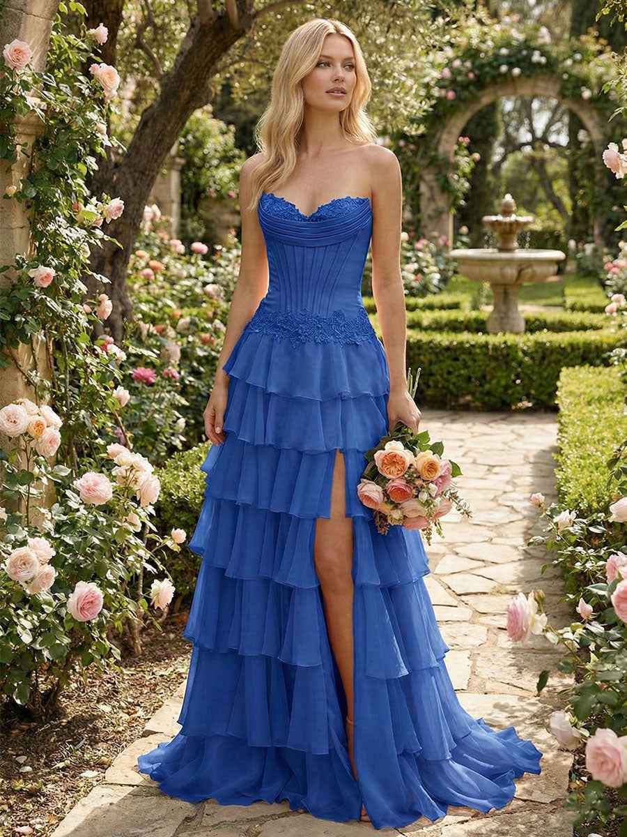 Sunshine Cascade Strapless Tiered Corset Prom Dress with Slit