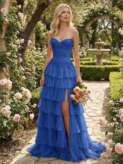 Sunshine Cascade Strapless Tiered Corset Prom Dress with Slit